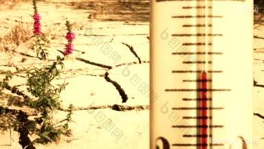 干旱开裂的地面和过热的温度计全球变暖的概念
